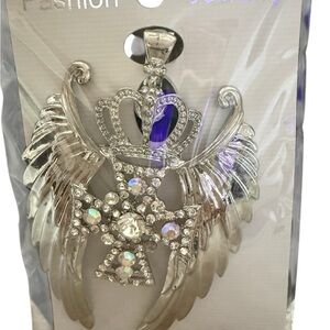Silver Rhinestone Wings and Crown Pendant NEW